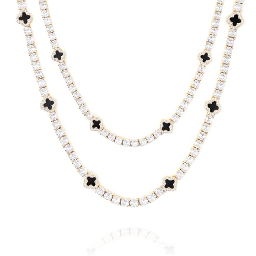 LuxeFlex 4mm Iced Out Four Leaf Tennis Chain,White Gold Plated with 5A Zircon Stones, exquisite Handmade Hip Hop Bling Necklace Perfect Unisex Jewelry Gift (GOLD, 18 INCH)