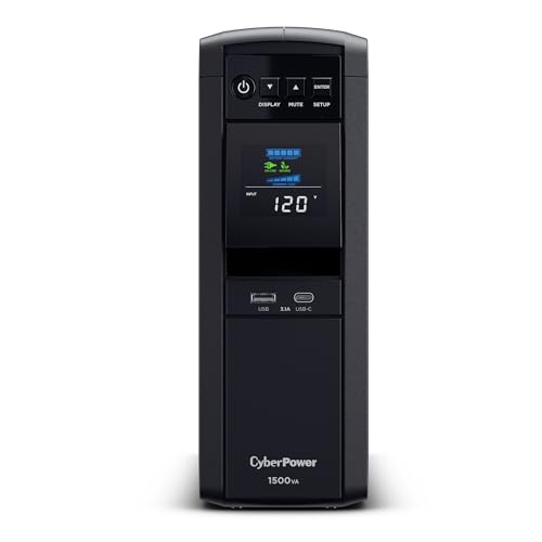 CyberPower CP1500PFCLCDTAA PFC Sinewave UPS System, 1500VA/1000W, 12 Outlets, AVR, Mini Tower, TAA Certified, Black