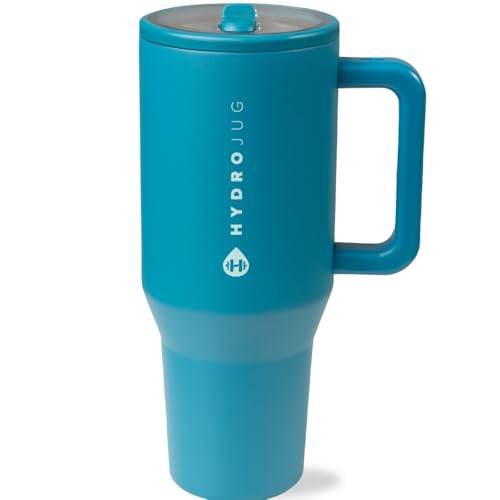 HydroJug Traveler - 40 oz Water Bottle with Handle & Flip Straw - Fits in Cup Holder, Leak Resistant Tumbler-Reusable Insulated Stainless Steel & Rubber Base - Gifts for Women & Men, Glacier