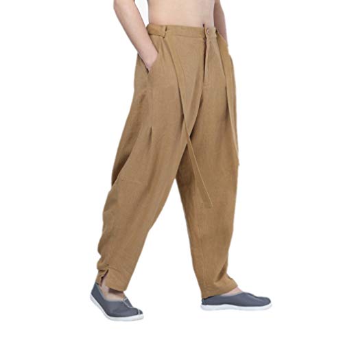 DGXIN Chinese Traditional Monk Buddhist Meditation Yoga Kungfu Casual Cotton Linen Pants (XL, Khaki)