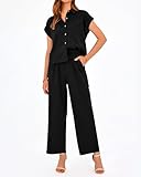 PRETTYGARDEN Women's Summer 2 Piece Outfits Casual Tracksuit Short Sleeve Button Down Shirts Long Pant Lounge Sets 2025(Solid Black,Small)