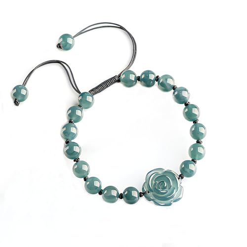 HL1971 Real Jade Bracelet for Women, Natural Handmade Carved Rose Woven Adjustable Jade Beads Jewelry, Blue-Green Jadeite Bangle for Valentine's, Mother's, Christmas