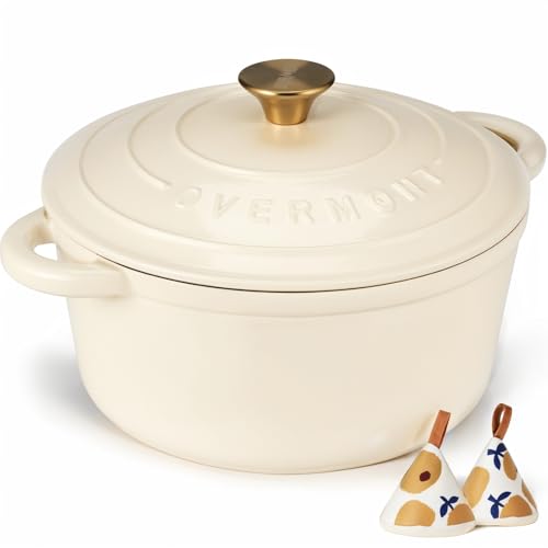 Overmont Enameled Cast Iron Dutch Oven - 7QT Pot with Lid Cookbook & Cotton Potholders - Heavy-Duty Cookware for Braising, Stews, Roasting, Bread Baking white