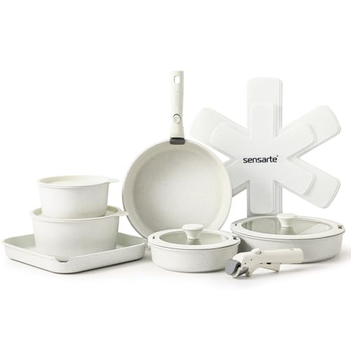 SENSARTE 17 Piece Pots and Pans Set, Nonstick Detachable Handle Cookware Set, Induction Kitchen Cookware Set with Removable Handle, Healthy Non Stick for RV, Dishwasher ＆ Oven Safe, PFOA Free (White)