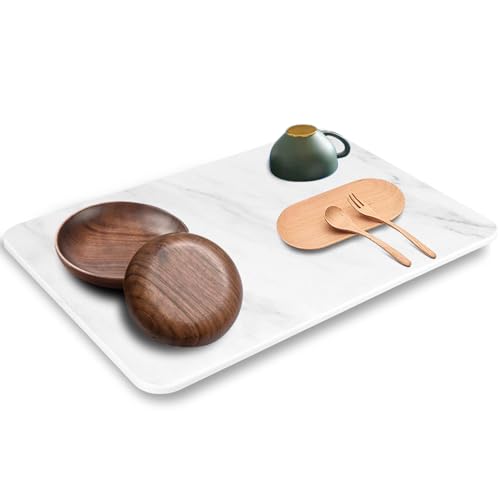 Large Stone Dish Drying Mats for Kitchen Counter, 21.7"(L)×15.8"(W), Quick Dry Super Absorbent Dish Drying Mat, Eco-Friendly Diatomaceous Earth Mat with Non-Slip Pad for Dishes Bottles(White Marble)