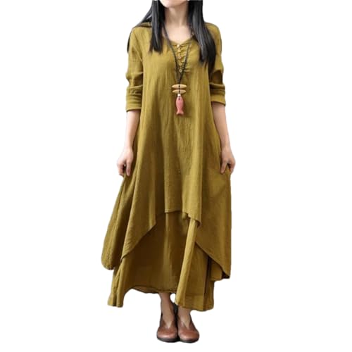 Women's Vintage Ethnic Style Irregular Cotton Linen V Neck Long Sleeve Loose Solid Maxi Dress Ginger M