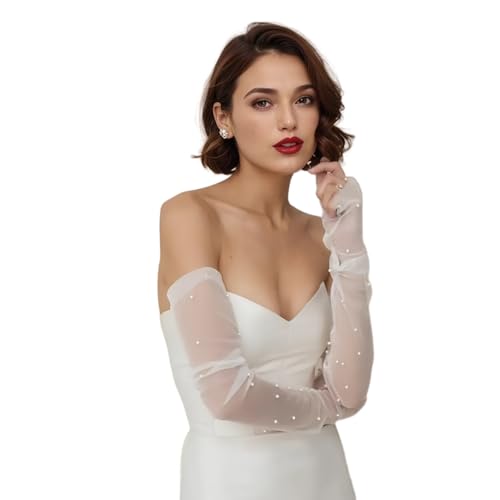 Eiaork Long Wedding Tulle Gloves - White Pearl Bridal Elbow Length Summer Fingerless Gloves for Women and Girls (Off White with Pearl)