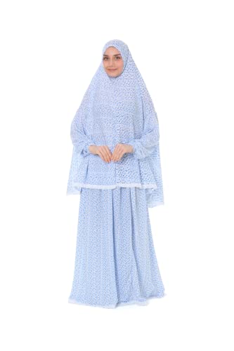 Elanesa Islamic Dress for Women Prayer Clothes for Muslim Women 2 Piece Set Maxi Skirt with Hijab and Rosary Printed Dress.(11861, One Size, Blue)