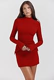 YMDUCH Women's Long Sleeve Mock Turtle Neck Bodycon Mini Tank Short Party Dress Red