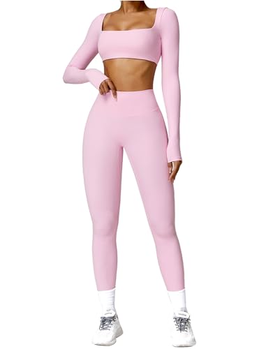 ABOCIW Womens 2 Piece Workout Sets Long Sleeve Square Neck Padded Gym Yoga Workout Crop T Shirt Top Scrunch Butt Lifting High Waist Leggings Z-Pink Small