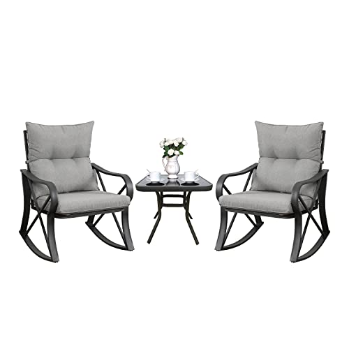 COSIEST 3 Piece Bistro Set Patio Rocking Chairs Outdoor Furniture w Warm Gray Cushions, Glass-Top Table for Garden, Pool, Backyard