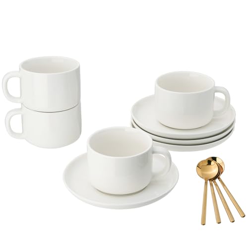 CHILDIKE Porcelain Coffee Cups and Saucers Set of 4 with Gold Spoon 220 ml/ 7 Ounce, Ceramic White Cup for Tea Cappuccino Espresso