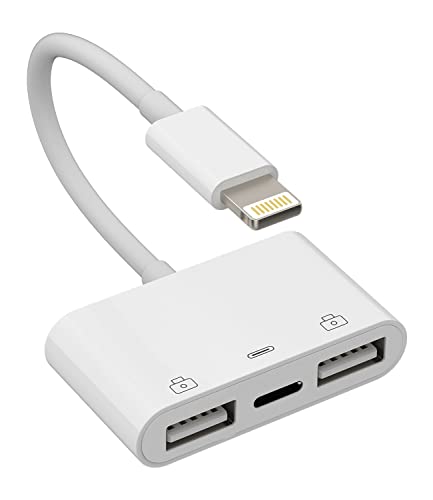 iPhone OTG Adapter Charger Cable Dongle Lightning Male to Dual USB Female Camera Memory Stick Flash Drive Cord Reader Mouse Keyboard Converter Card Charging Splitter for 14 13 12 11 Pro Max 7 8