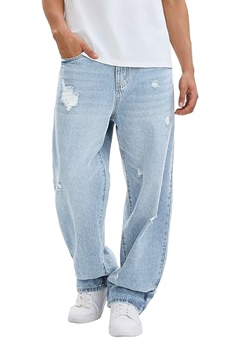 MZNBURAM Men's Y2K Hip Hop Ripped Baggy Jeans Loose Fit Wide Leg Denim Pants Casual Streetwear Trousers (42, C#Light Blue Ripped)