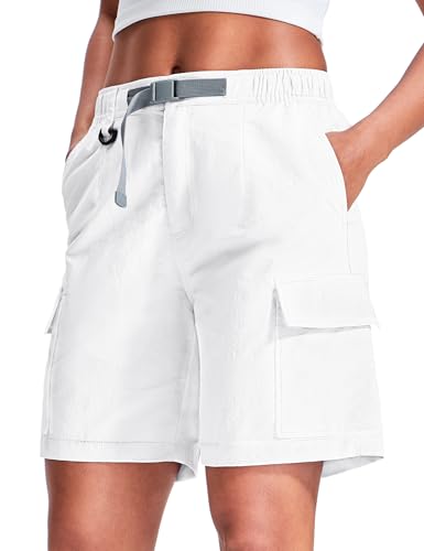 Haimont Women's Hiking Cargo Shorts Quick Dry Lightweight Water Resistant Nylon with Belts Camping Travel Climbing, White, S