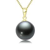 DENGGUANG 18K Gold Black Pearl Pendant Necklace 10-11mm Genuine Tahitian Cultured Round Pearls Pendant for Women with 18" Sterling Silver Chain - Yellow Gold