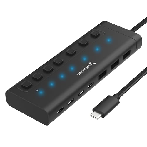 SABRENT 7-Port USB-C Hub with Power Switches, 5Gbps USB 3.2, 48W Powered Hub with 3 USB-A + 4 USB-C Ports, 20W PD, LED Status, Aluminum Body – for Mac, PC, Steam Deck, ROG Ally (HB-3A4C)