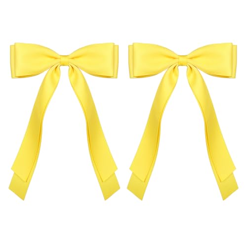5.5in Yellow Hair Bow Clips Long Tail Silky Satin Polyester Ribbon Bowknot Barrettes Alligator Hairpins for Toddler Girls Women Summer Easter Back School Dress Decor Accessory Gift