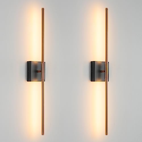 KUZZULL Modern Light Fixture Set of Two 27.8x4.3x3.4in Black and Brass Gold Sconces 1200Lm LED Wall Lights for Bathroom, Living Room, Corridor