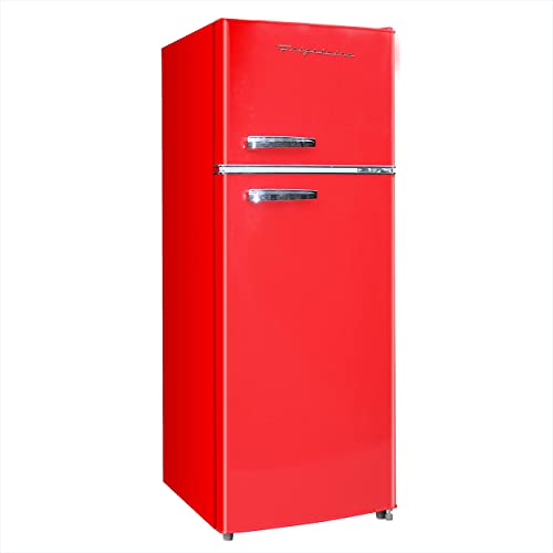 Frigidaire Retro Top Mount Upright Fridge-Freezer Combo, Apartment Size Fridge with Freezer 7.5 cu. ft. capacity - 23.2" D x 21.5" W x 55.5" H (Red)