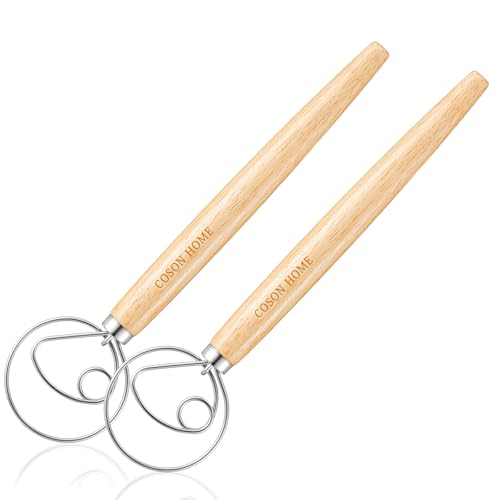 Pack of 2 Danish Dough Whisk Blender Dutch Bread Whisk Hook Wooden Hand Mixer Sourdough Baking Tools for Cake Bread Pizza Pastry Biscuits Tool Stainless Steel Ring 13.5 inches 0.22 lb/pcs…