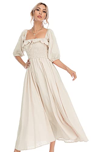 R.Vivimos Women Summer Half Sleeve Cotton Ruffled Vintage Elegant Backless A Line Flowy Long Dresses (Large, Beige-1)