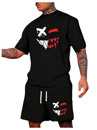 WDIRARA Men's 2 Piece Short Sets Graphic Print Short Sleeve T Shirts and Drawstring Shorts Clothing Set Black Small