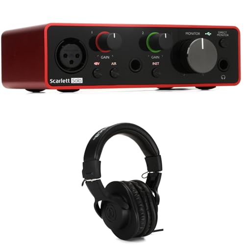 Focusrite Scarlett Solo 3rd Gen USB Audio Interface Bundle with Audio-Technica ATH-M20x Headphones, Studio Recording Kit for Musicians, Podcasters, Content Creators, Includes USB Cable and Software