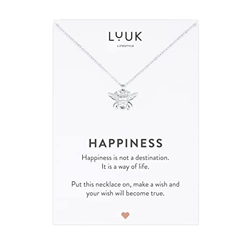 LUUK LIFESTYLE Stainless steel bee pendant necklace, 20” adjustable chain, jewelry for women and teenagers, HAPPINESS card, lucky charm, birthday gift idea, Valentine's Day, Christmas, silver