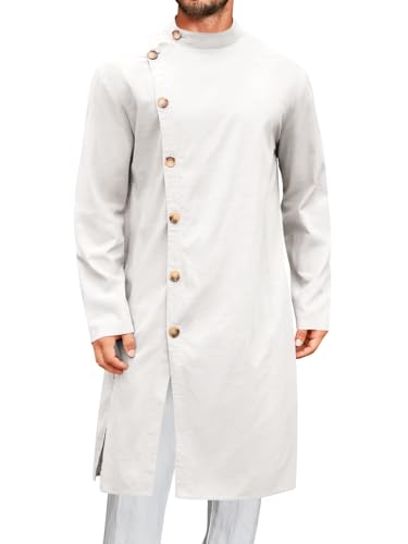 Runcati Mens Kaftan Thobe Button Down Long Sleeve Robe Casual Henley Shirt Cotton Muslim Gown Kurta Tops White