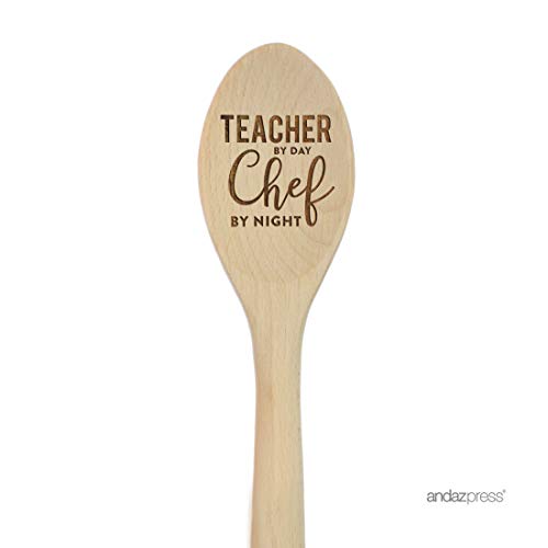 Andaz Press Laser Engraved Wooden Mixing Spoon, 12-inch, Teacher By Day Chef By Night, 1-Pack, Back to School Graduation Birthday Christmas Gift Ideas