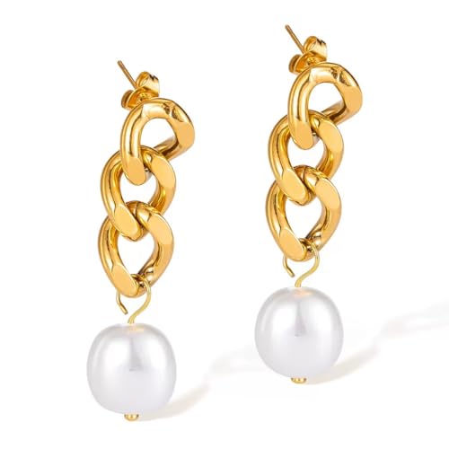 RueraHoo 18K Gold Plated Baroque Pearl Drop Earrings,Geometric Cuban Chain Freshwater Pearl Earrings for Women,Retro,Trendy Eardrop,Jewelry Gift