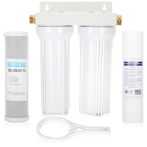 External RV Dual Water Filter System, Includes mounting bracket, two filters and two 3/4” GHT brass fittings, For reducing sediment, dirt, sand, odors and chlorine, For RVs Yachts Homes Marine