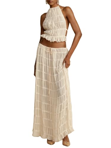 Sastianaen Women 2 Piece Maxi Skirt Set Y2k Lace Up Back Tank Top Flowy Ruffle Long Skirt Outfits Summer Going Out Beach Sundress (1-Apricot,s), Small