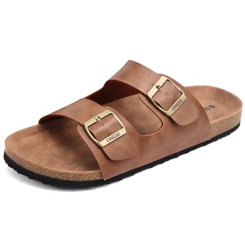 ONCAI Men's-Slide-Sandals-Beach-Slippers-Slippers Shoes Indoor and Outdoor Anti-skidding Flat Cork Sandals and Classic Summer Beach Slippers with Two Adjustable Straps Size 10