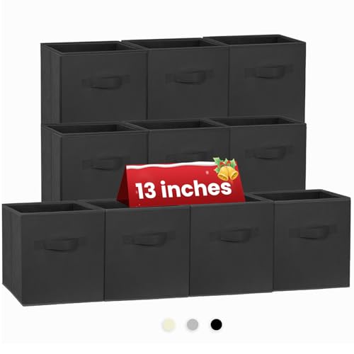 Criusia Large Storage Cubes, 13 Inch Cube Storage Bins for Shelves Closet Nursery Bedroom - 10 Pack Collapsible Storage Baskets with Handles - Fabric Bins for Organizing Clothes Blanket Toys (Black)