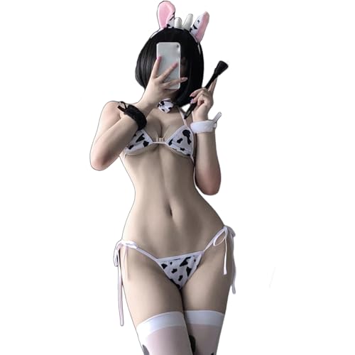 SINGUYUN Womens Anime Cow Bikini Cosplay Lingerie Lolita Kawaii Bra and Panty Set Japanese Underwear Cow Stocking (2389)