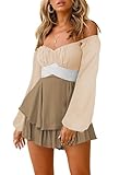 Fixmatti Womens Summer Rompers Wrap Tie Up Back Ruffle Long Sleeve Shorts Jumpsuits Cold Shoulder Playsuit Camel S