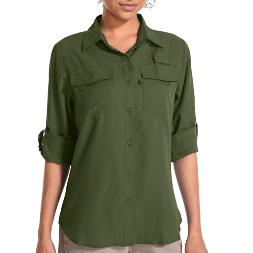 Safari Clothes for Women Sun Protection Quick Dry Lightweight Long Sleeve Travel Camp Hiking Outdoor Cool Shirts,F5026,Army Green,S