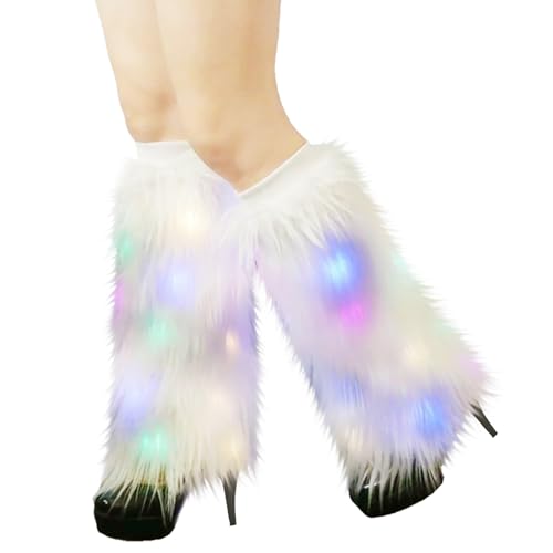 Barelove LED Fur Leg Warmers Womens Costume Sexy Faux Fur Fuzzy Leg Cuffs Warmers, Plush Furry Winter Long Boot Cuff Covers Boots Sleeves Santa Costume for Party (White, Colorful Light)