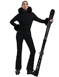 GSOU SNOW Ski Suit Womens One Piece Snowsuit Snowboard Jacket Slim Snow Jumpsuit Faux Fur Ski Outfit Waterproof Windproof Insulated,Black S