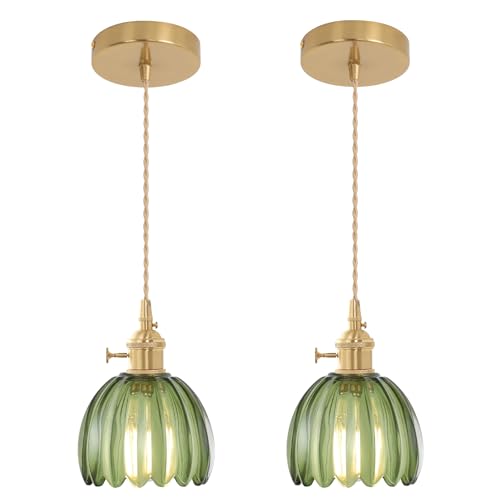 Shenmoyl Mini Pendant Light 2 Pack with Green Tulip Glass Lmapshade, Brass Vintage Pendant Light Adjustable Hanging Light for Kitchen Island Dining Room Hallway