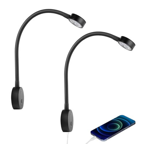 acegoo 12V LED Reading Light, RV Boat Bedside Reading Lamp, 12 Volt Flexible Gooseneck Bed Light for Camper Van Trailer Truck Motorhome, Integral Switch & USB Charger（2 pcs）