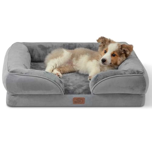 Bedsure Orthopedic Dog Bed Medium Size Dogs - Washable Medium Dog Cat Bed Waterproof, Comfort Pet Couch Sofa with Washable Removable Cover, Pets Bed with Nonskid Bottom, Grey, 28"