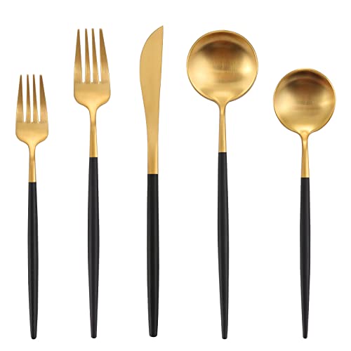 Matte Black Gold Silverware Set, Oliviola 20-Piece Stainless Steel Flatware Cutlery Set Service for 4, Satin Finish Kitchen Utensil Set, Dishwasher Safe