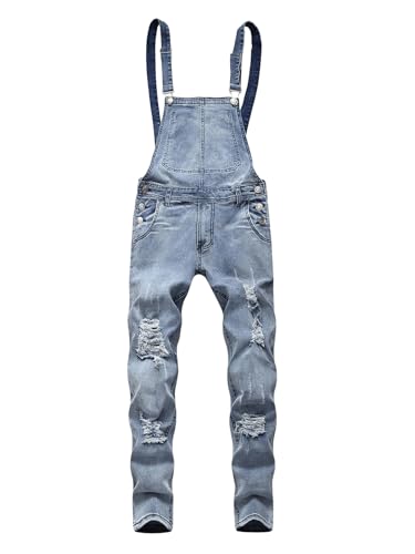 WDIRARA Men's Ripped Distressed Skinny Denim Overalls Dungarees Jeans Jumpsuits with Pocket Light Wash S