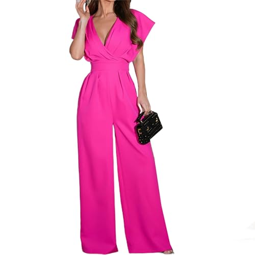 Women Casual Short Sleeve Draped Wide Leg Romper Commuting Loose Playsuits V-Neck Hight Waist Long Jumpsuit