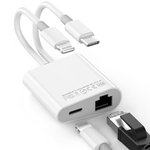 Lightning and USB C to Ethernet Adapter, [Apple MFi Certified] 2 in 1 RJ45 Ethernet LAN Network Adapter with Charge Port for iPhone 16 15 14 13 12 11 XS XR X 8 iPad, Supports 100Mbps Ethernet Network