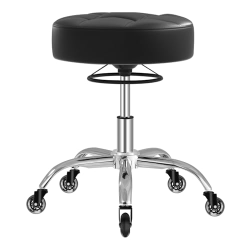 Rolling Stool Heavy Duty 400lb: Super Soft Seat Cushion,360° Swive,Height Adjustability,No Squeaky Noises,No Tip Over,New Upgraded Stool Salon Stool Chair, Tattoo Facial Massage Spa Medical (Black)