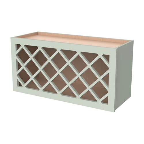 CozyHommie Solid Wood RTA Wine Bottle Rack Wall Cabinet with Lattice Panels Wine Holder Wine Storage Cabinet for Bar, Pantry, Wine Cellar Basement Countertop Mocha (Jade Green, 30”W × 12”D × 18”H)